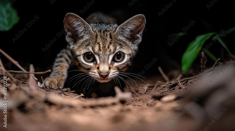 Poster captivating portrait of a rusty-spotted cat emerging from a dark den, its eyes gleaming in the dim l