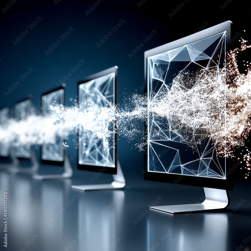 Poster data streaming: a row of monitors displaying network connectivity and information transfer in a digi