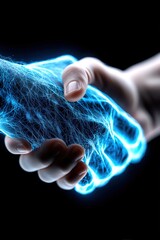 Abstract digital handshake depicted as intertwining blue energy beams on a dark blue background - strategy network wave team