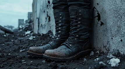 Post-apocalyptic boots leaning against wall in debris field