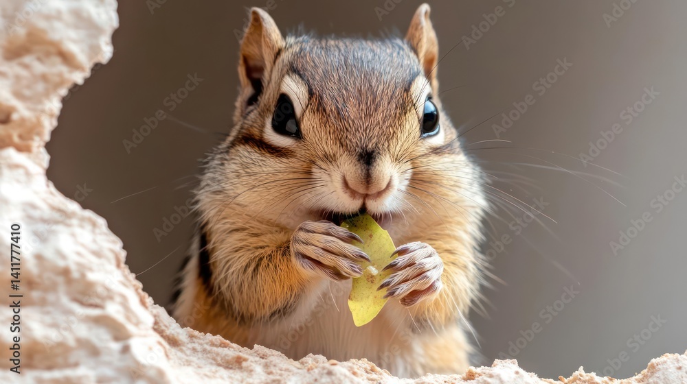 Poster close-up of a chipmunk eating a leaf in a hollow of a dirt. the chipmunk is in focus, with its tiny 
