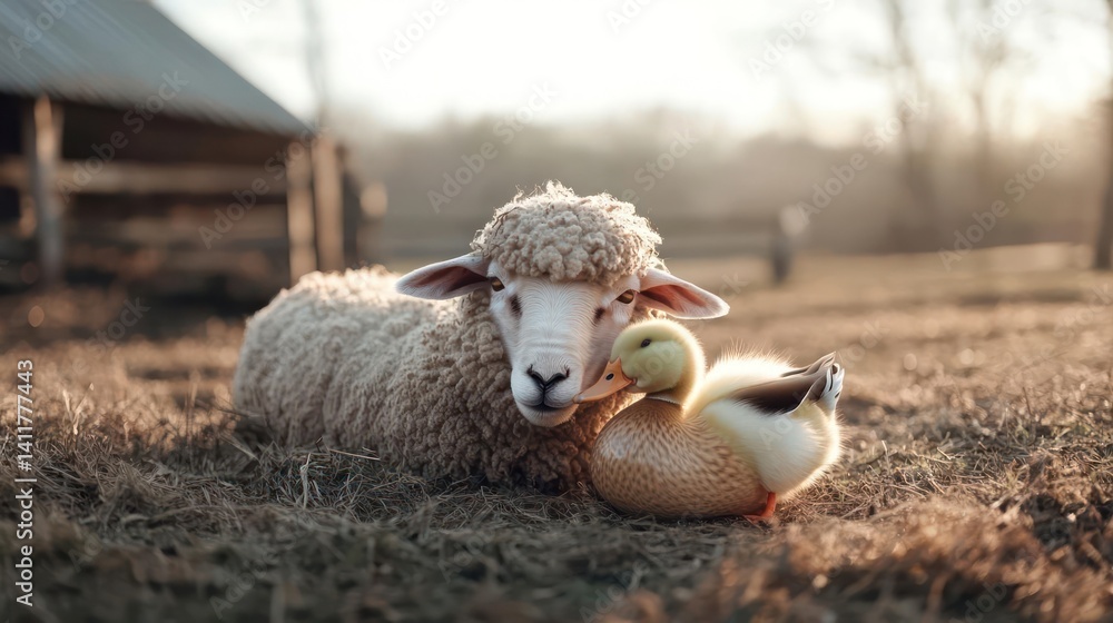 Poster captured in soft, diffused sunlight, a sheep with thick, curly wool rests peacefully on dry grass, c