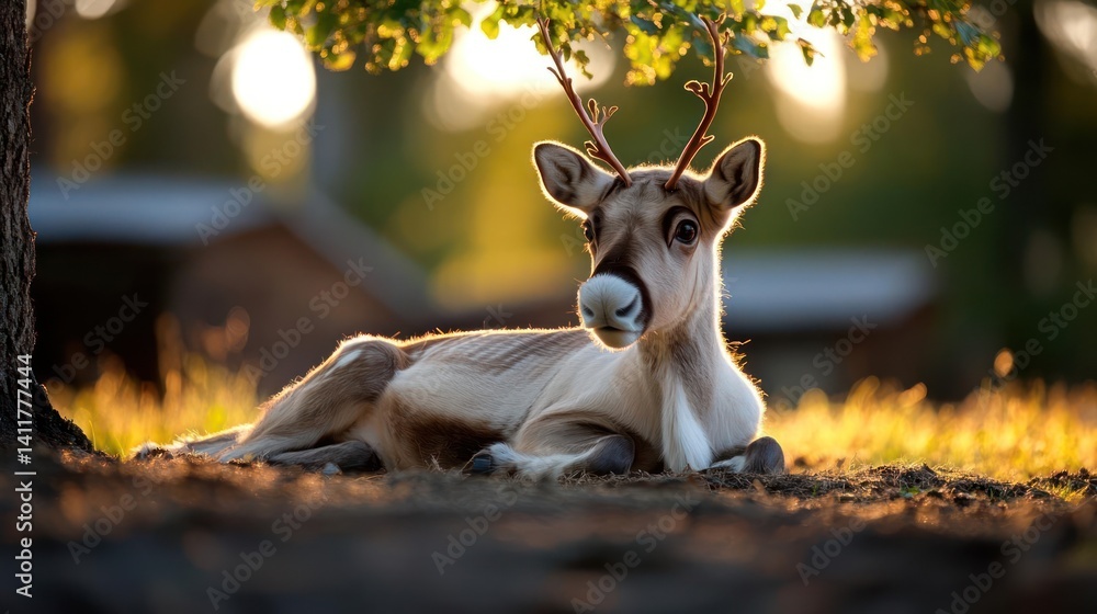 Poster a close up of a reindeer lying down on the ground with sunlight shinning through trees, with brown a