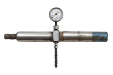 Innovative metal tool with gauge showcases engineering precision in a workshop setting under bright overhead lights isolated on transparent background