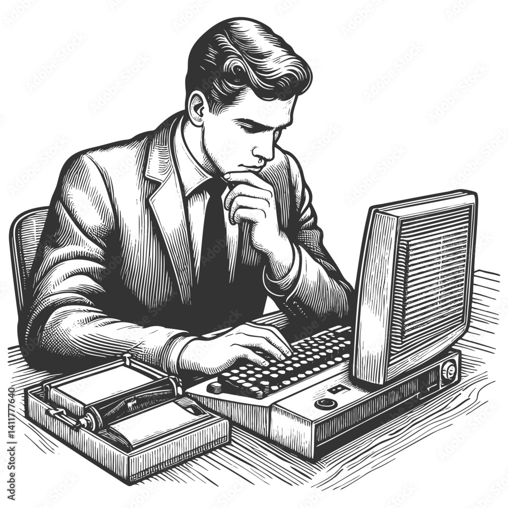 Poster thoughtful man in a suit working at a classic desktop computer, symbolizing early office technology 