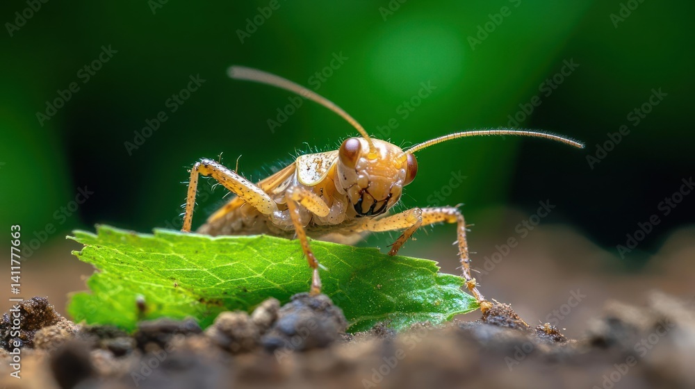 Fototapete a close-up captures a grasshopper perched atop a vibrant green leaf, set against a backdrop of dark 