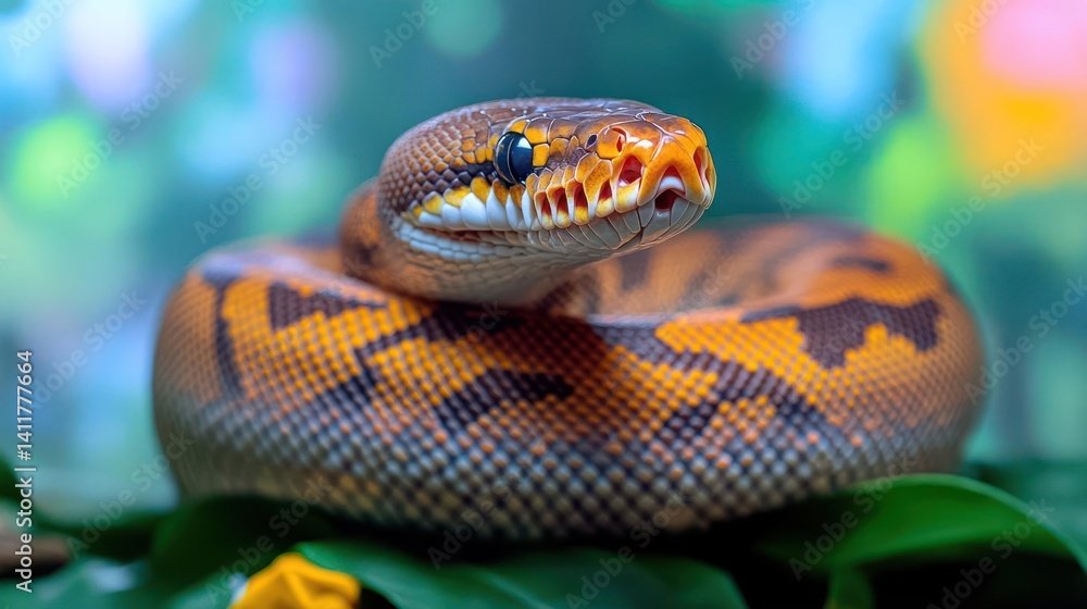 Aufkleber close up shot of a snake with yellow and black patterns coiled on lush green leaves against a blurre