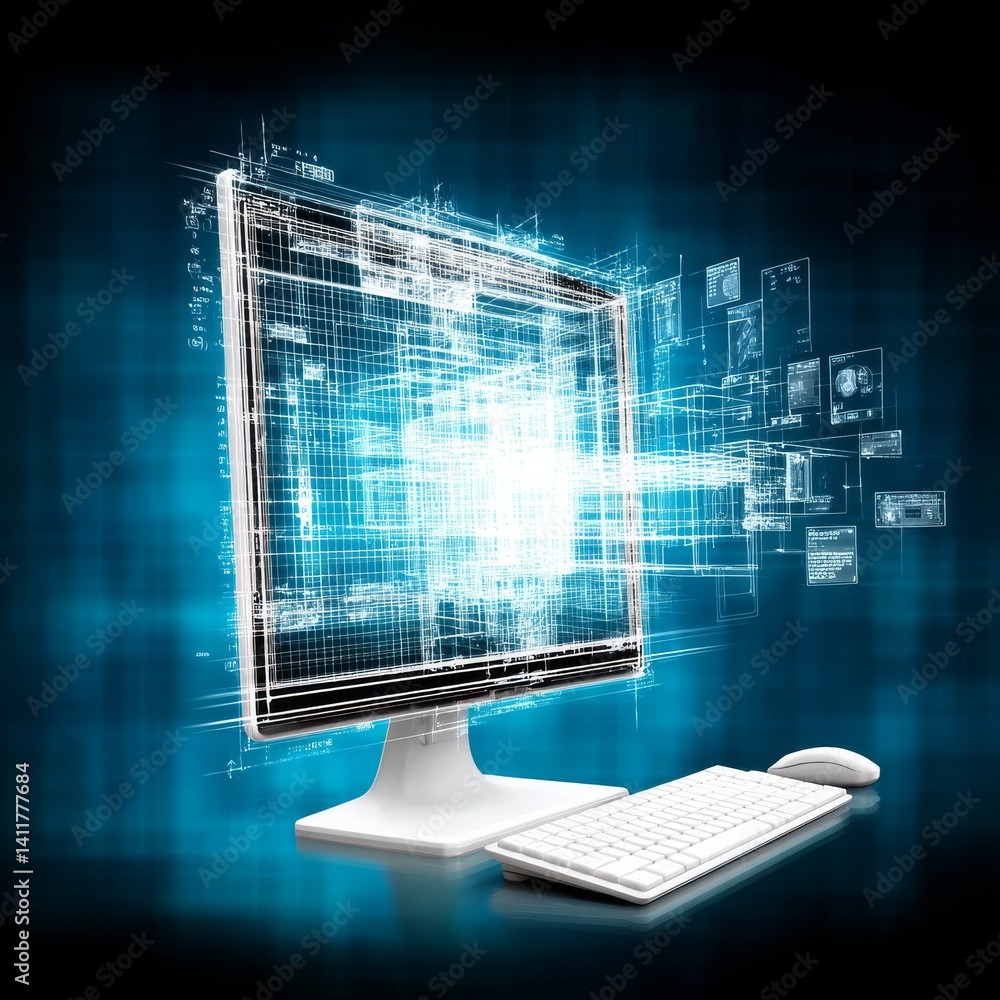Poster Futuristic Computer Interface: Digital Blueprint and Information Overload on Blue Tech Background.