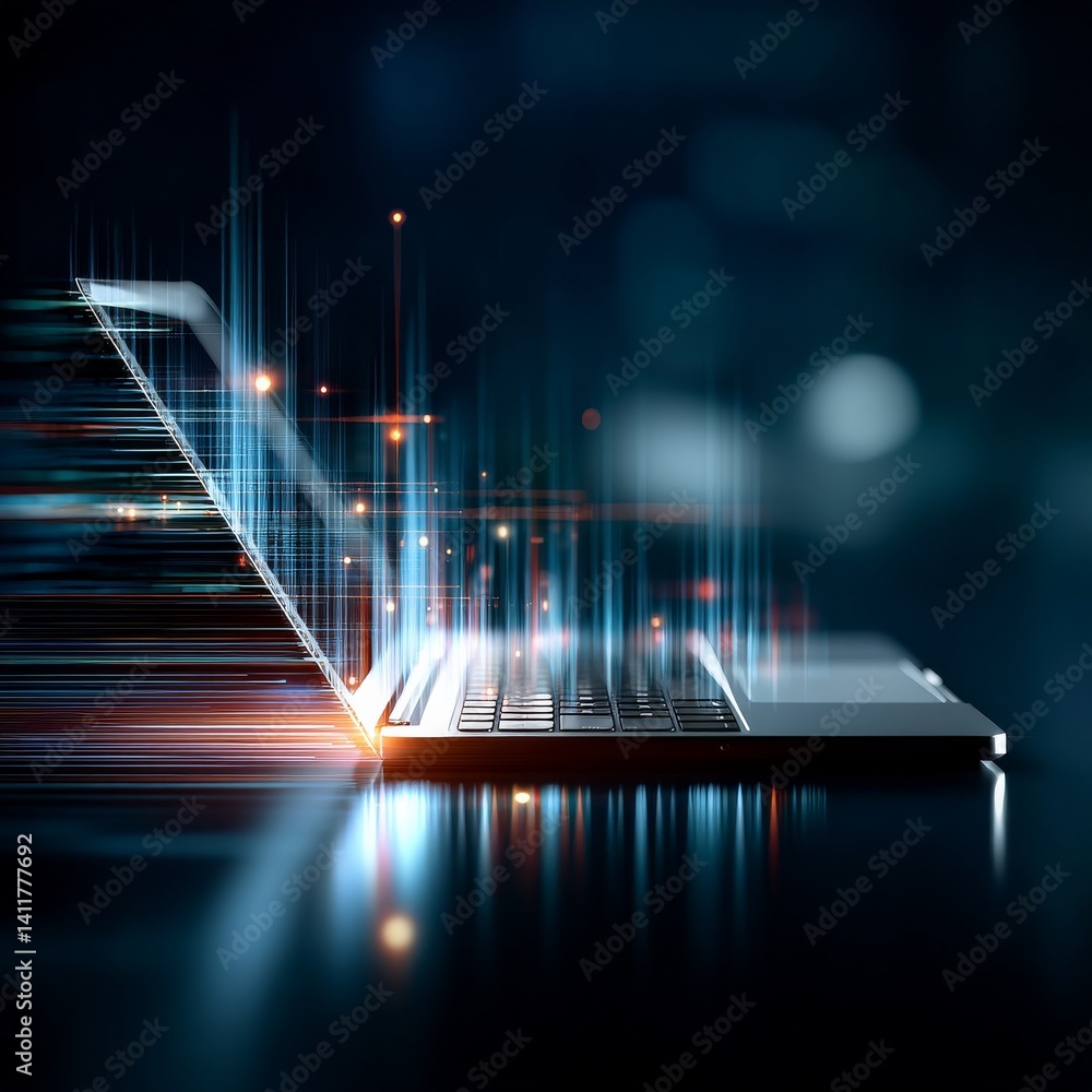 Fototapete futuristic laptop concept: data streams flowing from a sleek device, representing advanced technolog