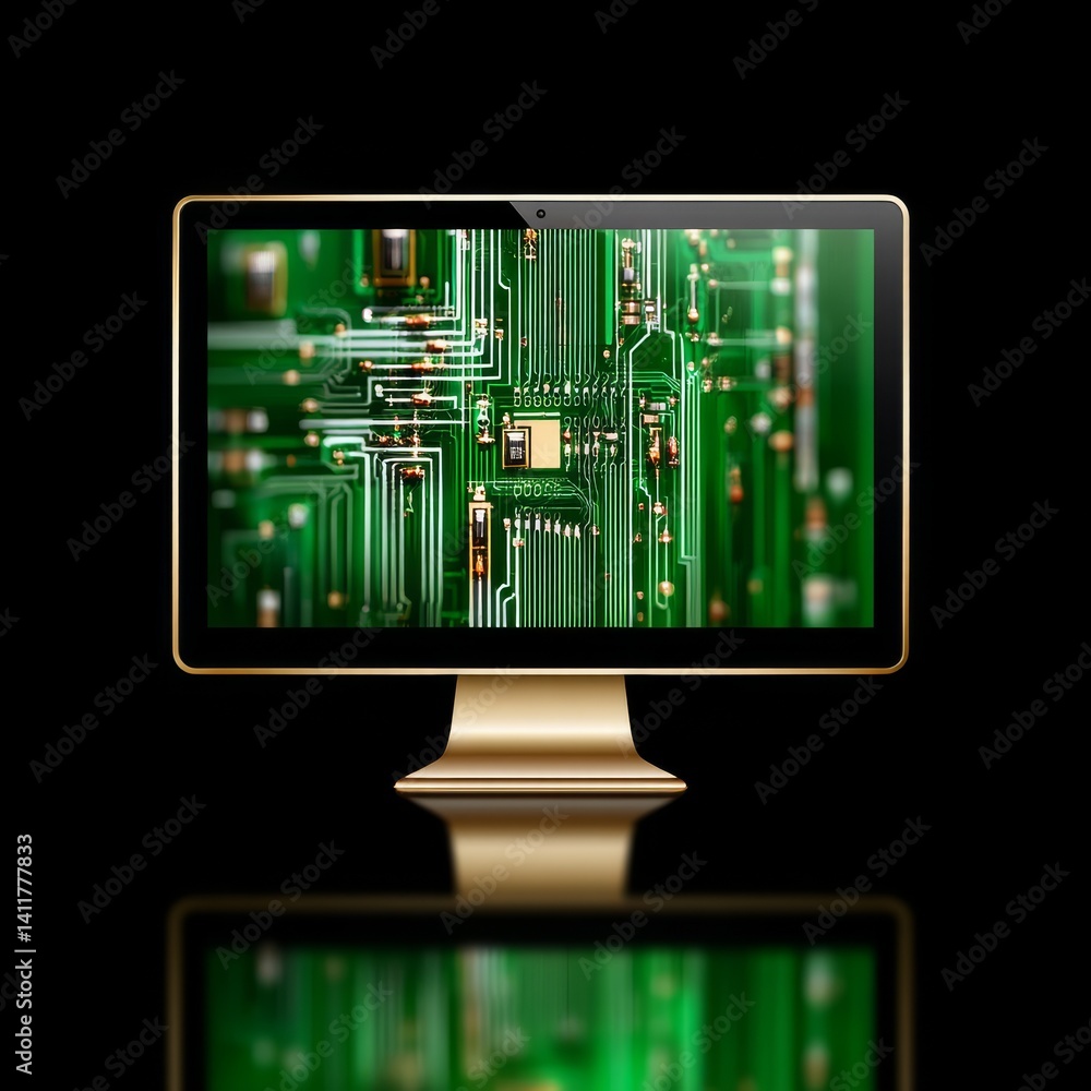 Poster golden monitor displaying a green circuit board, reflected on a sleek black background.