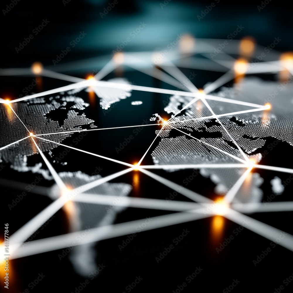 Poster Global Network Visualization with Interconnected Data Points and World Map Overlay, Representing Communication and Connectivity