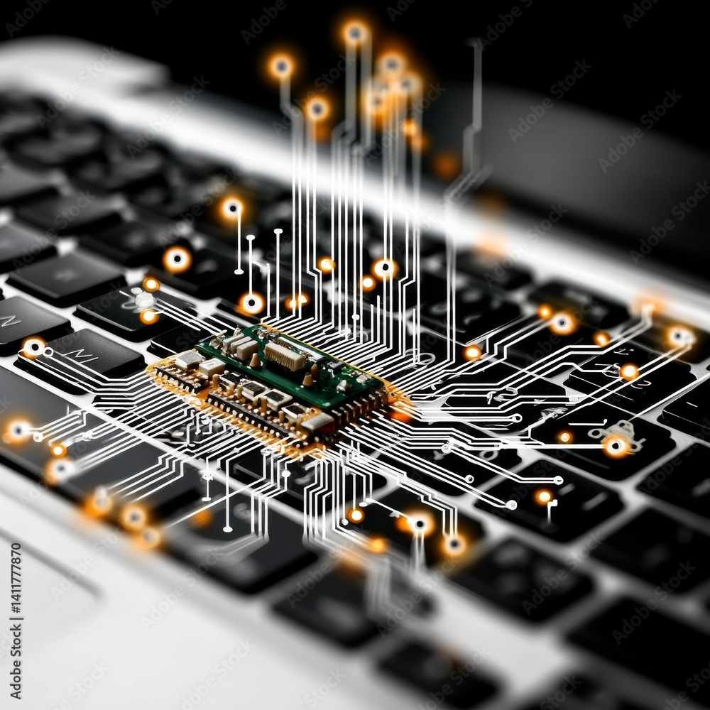 Poster High-Tech Microchip Circuitry on Laptop Keyboard, Digital Connectivity and Data Flow Visualization