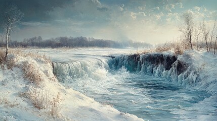 A frozen river breaking apart during spring thaw, flooding the surrounding landscape