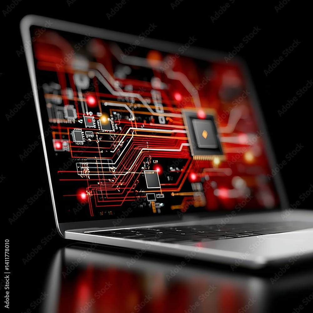 Aufkleber laptop displaying a glowing red and orange circuit board design on a sleek black background