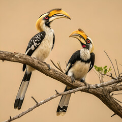Obraz premium Great hornbills, front-facing full-body view of two majestic hornbills perched together, showcasing their large, colorful beaks and striking black and yellow plumage against a lush forest backdrop.