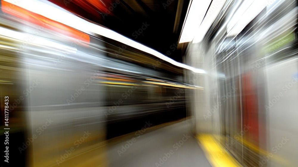Poster an abstracted image of a subway platform in motion