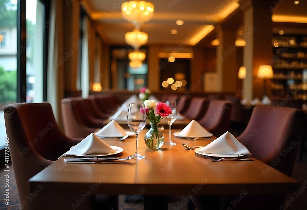 Poster generative ai image of an elegantly set restaurant table for fine dining