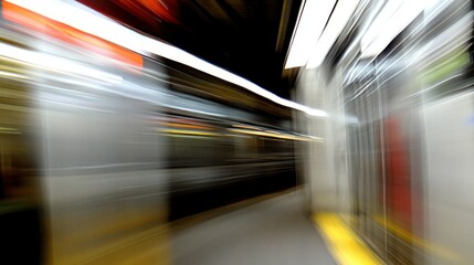 An abstracted image of a subway platform in motion