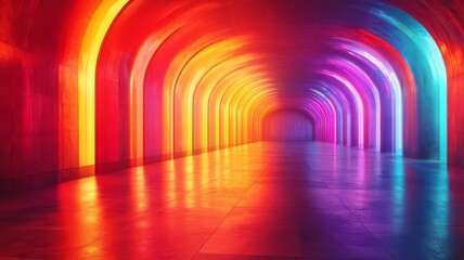 Vibrant illuminated tunnel with colorful arches reflecting on a glossy floor, creating a mesmerizing atmosphere for creative projects.