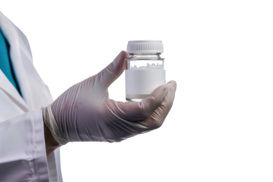 A healthcare professional examines a clear jar filled with white tablets against a bright, minimalist background in a clinical setting isolated on transparent background
