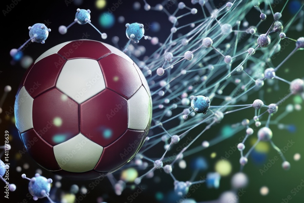 Aufkleber soccer ball in motion with abstract molecular elements creating a dynamic effect
