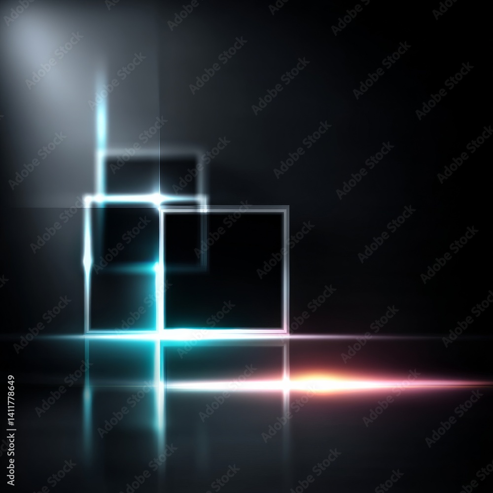 Poster Neon Squares Abstract - Luminous Gradient Background with Reflections and Dark Backdrop