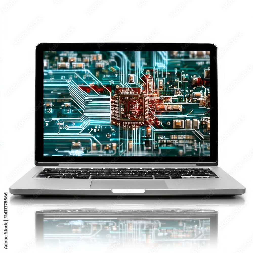 Poster Sleek Laptop Displaying Intricate Motherboard Circuitry, Reflecting Technological Innovation and Digital Connectivity 