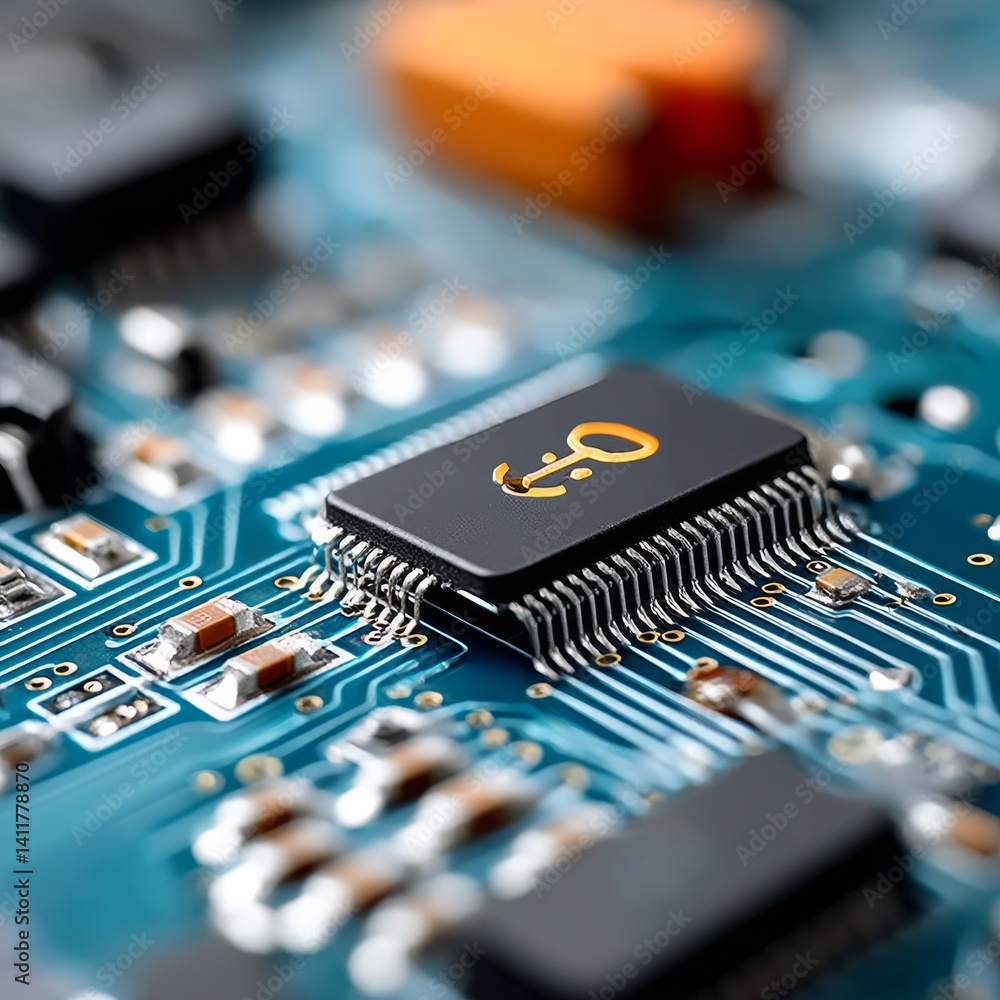 Leinwandbilder Secure Microchip on a Blue Circuit Board: Technology and Data Security in Modern Electronics, highlighting safety.