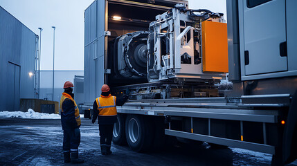 Mining laborer unloading mining equipment from a truck for use in lithium extraction at the site. Featuring equipment unloading