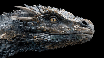 Fototapeta premium Dragon head sculpture in intricate design against black background 