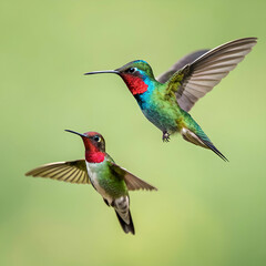 Fototapeta premium Hummingbirds, full-frame image of two hummingbirds in flight, captured mid-hover with iridescent feathers shimmering in the light, surrounded by vibrant flowers and lush greenery.