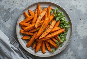 Plate of sweet potato fries with microgreens on the side, shot from above in a close-up.
