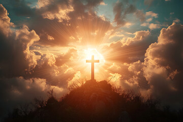 Fototapeta premium Beautiful sky at sunrise with clouds and sun. Heavenly light rays breaking through clouds. Divinity light. Easter morning. Biblical scene, heaven, sign from God. Resurrection and ascension of Christ
