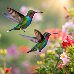 Fototapeta premium Hummingbirds, full-frame image of two hummingbirds in flight, captured mid-hover with iridescent feathers shimmering in the light, surrounded by vibrant flowers and lush greenery.