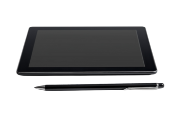 A sleek tablet and elegant pen resting on a clean desk surface awaiting creative digital exploration in a modern workspace isolated on transparent background