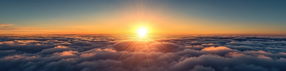 Obraz premium Clouds Sunshine. Sunrise Panorama from Mount Fuji with Radiant Sun over Cloudy Sky