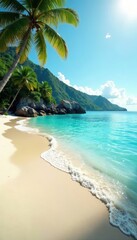 Sun-drenched sand, turquoise water, lush island backdrop, serene, paradise