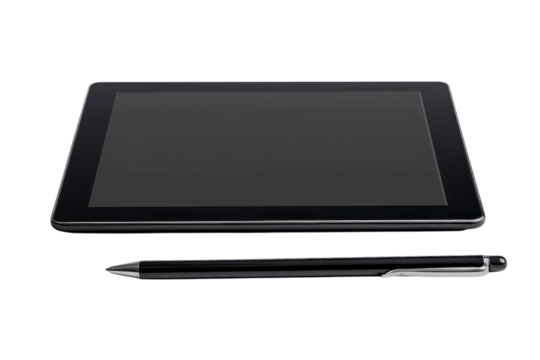 A sleek tablet and elegant pen resting on a clean desk surface awaiting creative digital exploration in a modern workspace isolated on transparent background