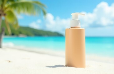 yellow jar of cream on sandy beach in background, bright sunny day