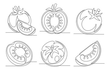 Tomato continuous one line drawing set. Outline tomato vegetable icon collections isolated on a white background. Editable stroke. Vector illustration