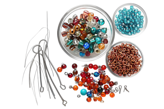 Colorful assortment of beads and jewelry-making tools arranged on a crafting table for creative projects and artistic expression isolated on transparent background