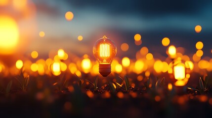 Glowing light bulbs amidst a bokeh backdrop of warm colors.