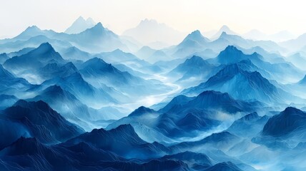 Serene Blue Mountain Landscape: Ethereal layers of misty peaks create a tranquil atmosphere, perfect for nature-themed projects and calming visuals.