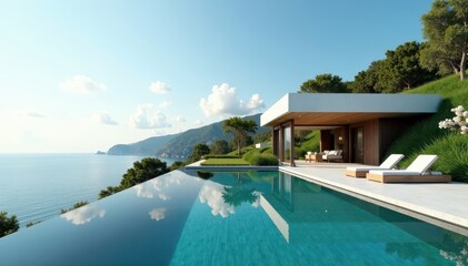Fototapeta premium Sleek minimalist home, infinity pool, lush landscaping, minimal, geometric shapes, modern