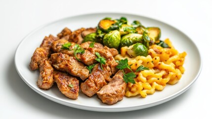 Fototapeta premium A hearty plate featuring grilled beef strips, creamy pasta, and sautéed Brussels sprouts, garnished with fresh herbs.