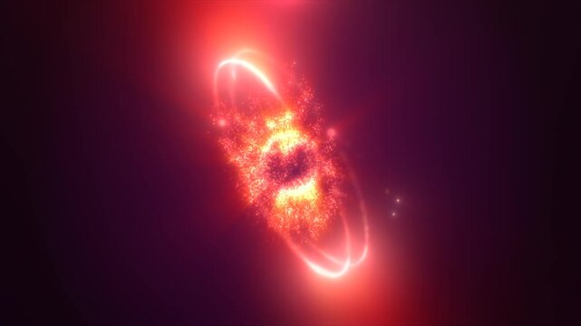 A fiery red and yellow cosmic sphere bursting with energy, light trails, and glowing particles, video in high quality 4k, motion design