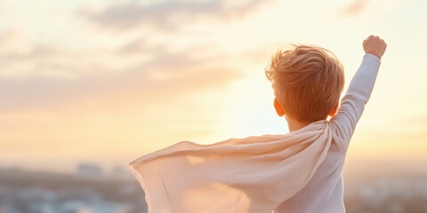 A young boy dressed as a superhero celebrates his recovery from an illness. The scene reflects the courage, support and emotional milestones of his journey to recovery.