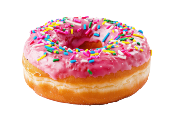 A delicious pink frosted donut topped with vibrant sprinkles, perfect for a sweet treat any time of day isolated on transparent background
