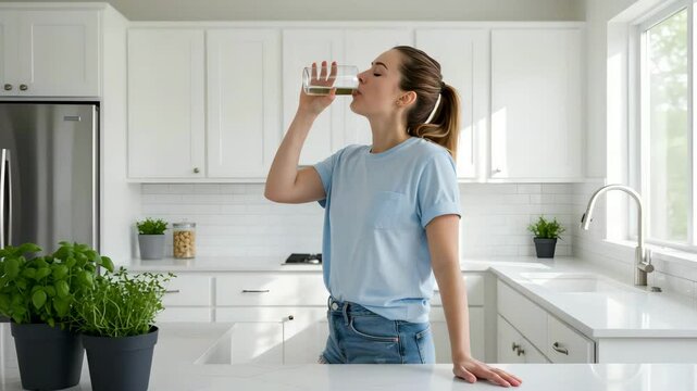 young woman drinking water in the kitchen