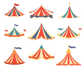 Vector set of roof of circus vintage tents with flags isolated from background. Collection of carnival marquee housetop clip arts for stickers and cards © veleri_kz